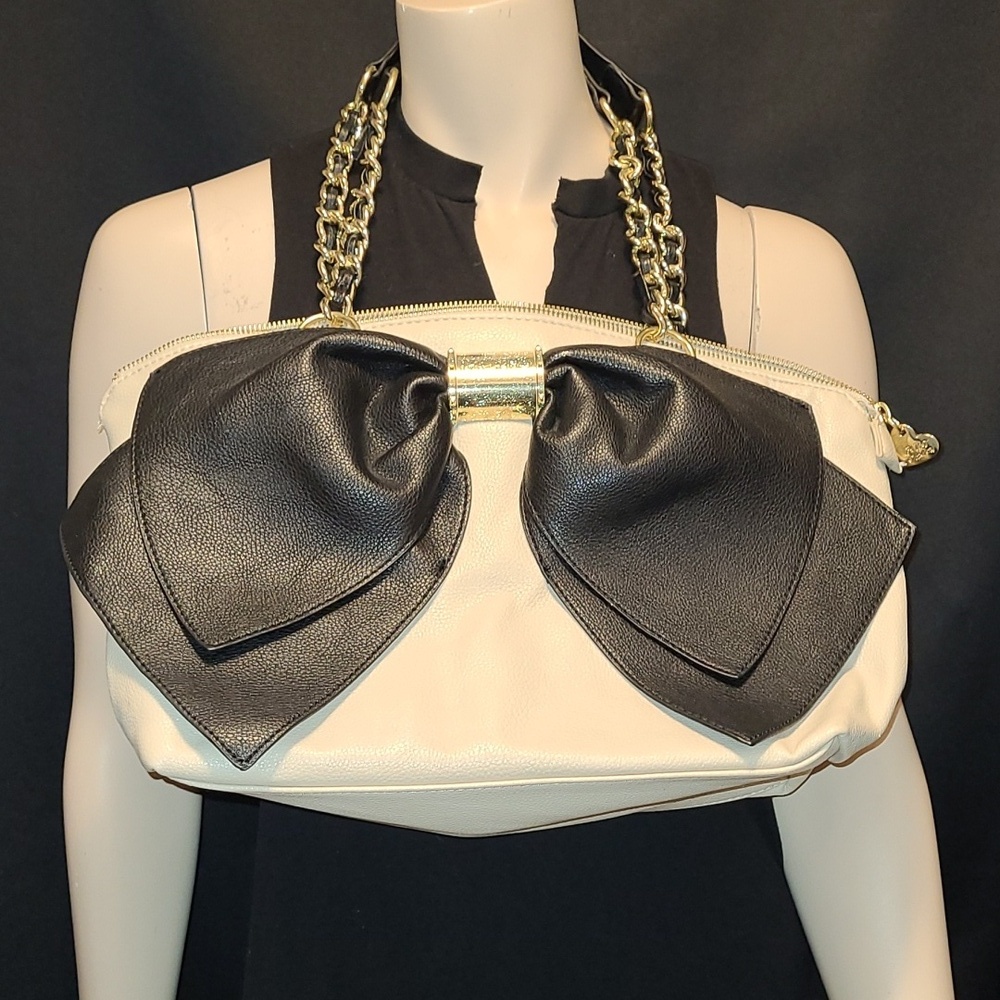 Betsey Johnson Black Bow and Tan Patterned Shoulder Bag
